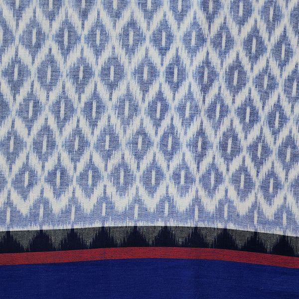 Pure Cotton Ikkat Light Blue With White Honey Comb And Blue Border Woven Fabric