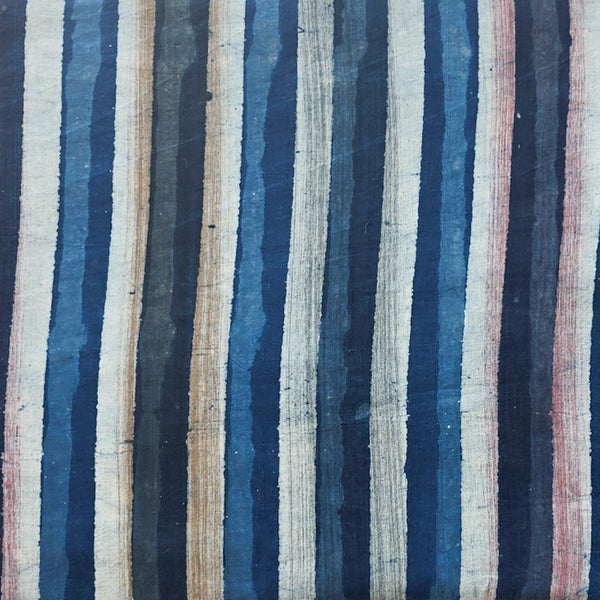 Pure Cotton Dabu Multi Blocks Stripes With Shades Of Blue And Brown Pink Hand Block Print Fabric