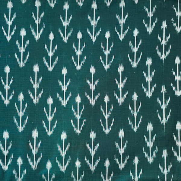 Pure Cotton Ikkat Dark Green With White Plant Woven Fabric