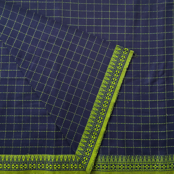 Pure Cotton Handloom Navy Blue With Green Checks And Temple Border Design Woven Fabric