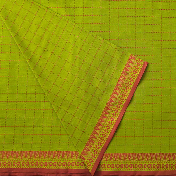 Pure Cotton Handloom Parrot Green With Red Checks And Temple Border Design Woven Fabric