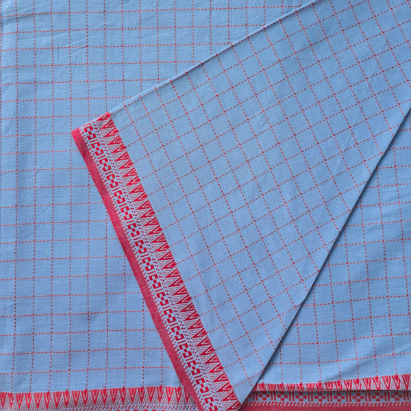 Pure Cotton Handloom Blue With Red Checks And Temple Border Design Woven Fabric