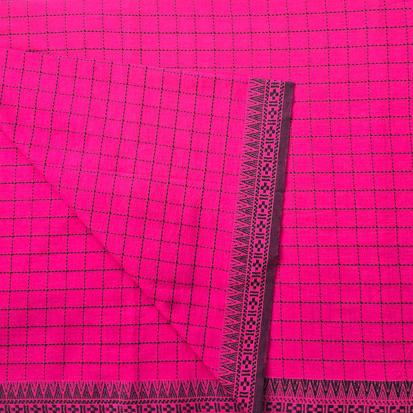 Pure Cotton Handloom Pink With Black Checks And Temple Border Design Woven Fabric