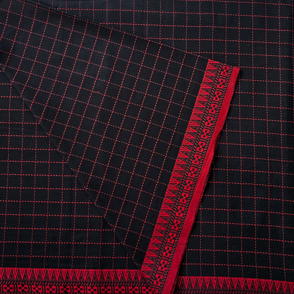 Pure Cotton Handloom Black With Red Checks And Temple Border Design Woven Fabric