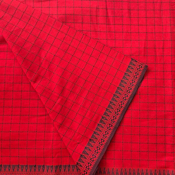 Pure Cotton Handloom Red With Black Checks And Temple Border Design Woven Fabric