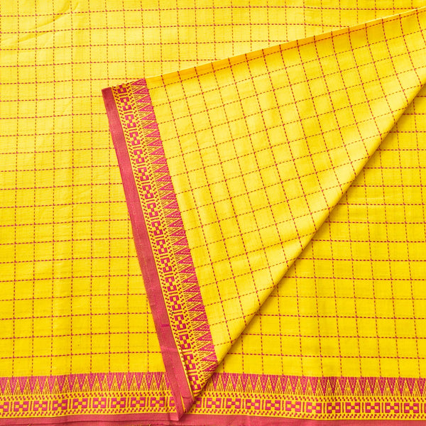 Pure Cotton Handloom Yellow With Pink Checks And Temple Border Design Woven Fabric