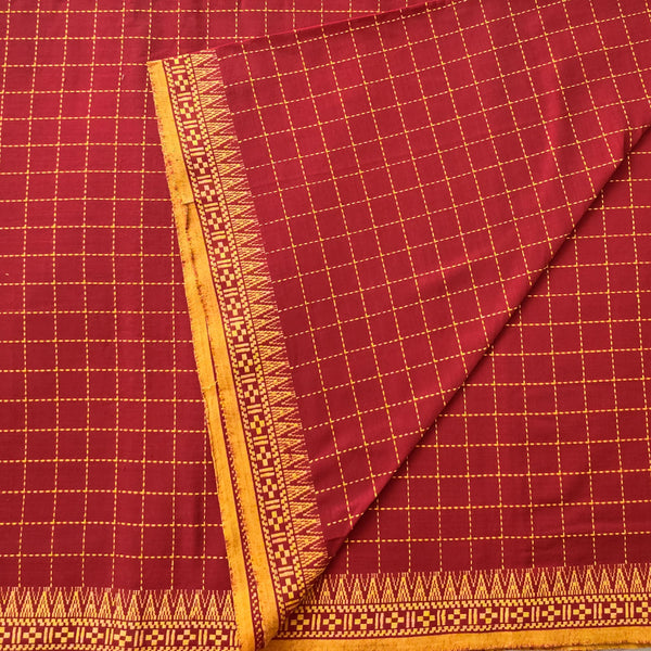 Pure Cotton Handloom Red With Yellow Checks And Temple Border Design Woven Fabric