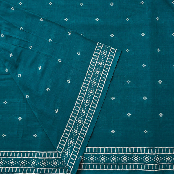 Pure Cotton Handloom Teal Blue With White Butti With Border Woven Fabric