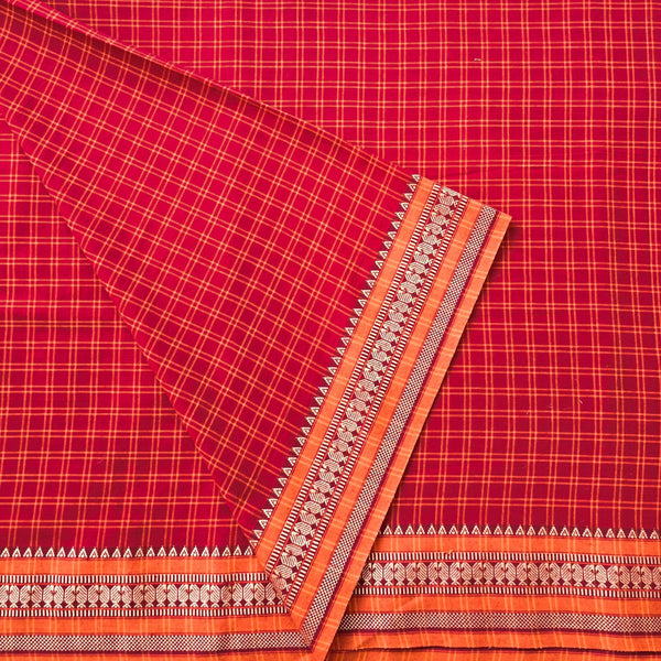 Pure Cotton Handloom Red With Orange Checks With Border Woven Fabric