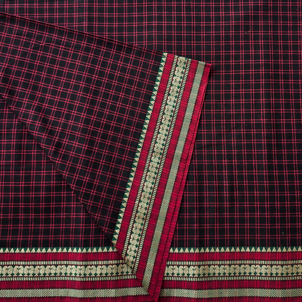 Pure Cotton Handloom Black With Maroon Checks With Border Woven Fabric