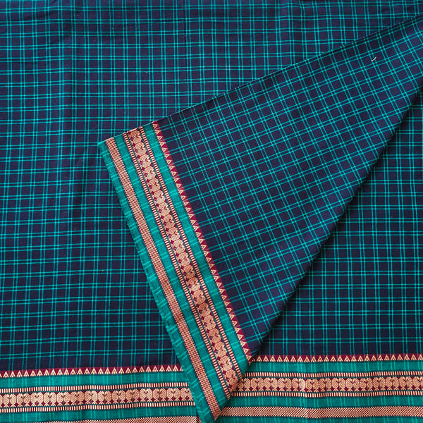 Pure Cotton Handloom Navy Blue With Teal Green Checks With Marron Border Woven Fabric