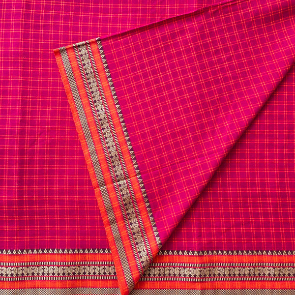 Pure Cotton Handloom Pink With Yellow Checks With Orange Border Woven Fabric