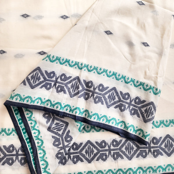 Pure Mul Cotton Soft Jamdani Off White With Navy Blue Small Motif And Green Intricate Design Border woven Fabric