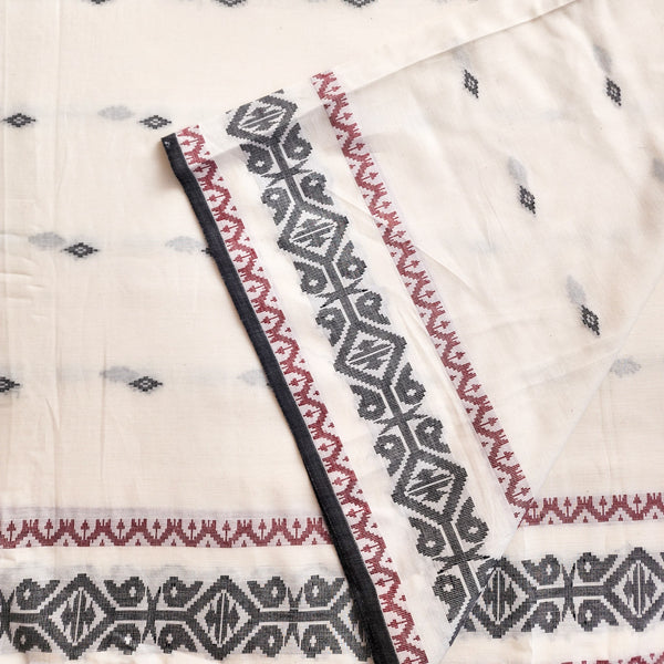 Pure Mul Cotton Soft Jamdani Off White With Black Small Motif And Marron Intricate Design Border woven Fabric