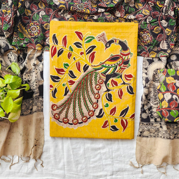 DIYA - Pure Cotton Kalamkari Mustard with beautiful bird design suit