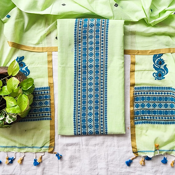 JAMDANI-Pure Cotton Jamdani Pista Green Top And Cotton Dupatta