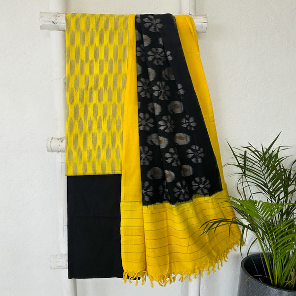 EK TARA - Pure Cotton Ikkat Yellow And Black With Grey Dupatta Suit