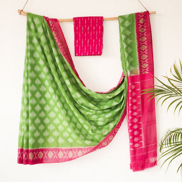 SRIVALLI-Mercerised Ikkat Parrot Green With Pink Saree