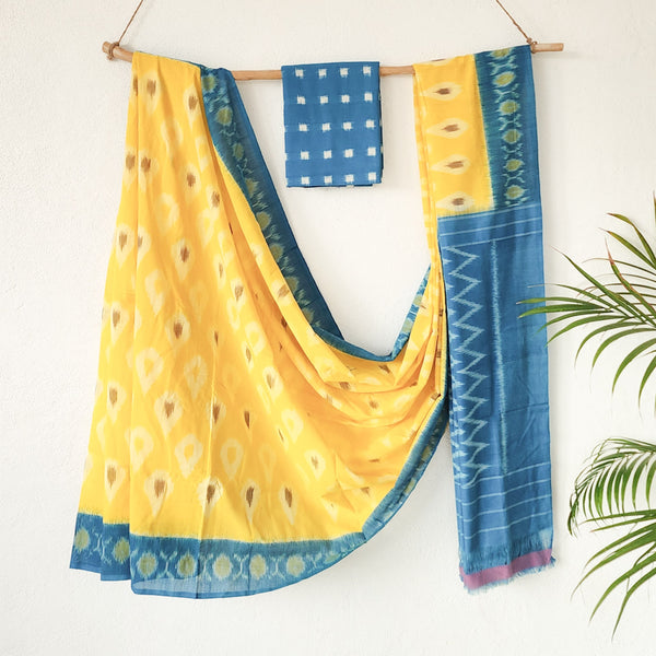 SRIVALLI-Mercerised Ikkat Yellow With Blue Saree