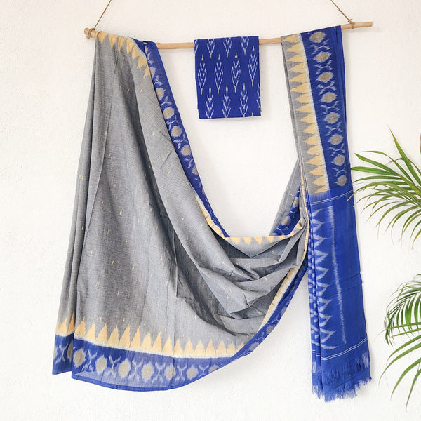 SRIVALLI- Mercerised Ikkat Grey With Blue Saree