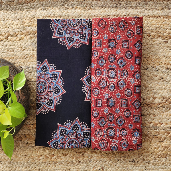 Top Bottom Combo Pure Cotton Ajrak Black With Red Hand Block Print Fabric (2.5 Meters Each)