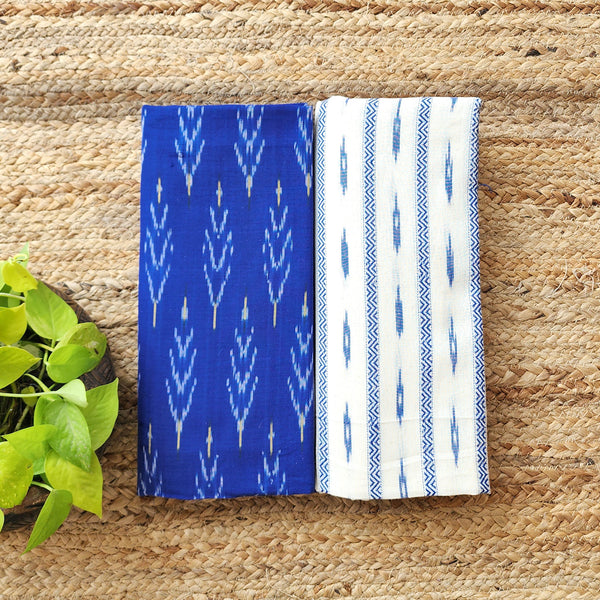 Top Bottom Combo Pure Cotton Ikkat Blue With White Woven Fabric (2.5 Meters Each)