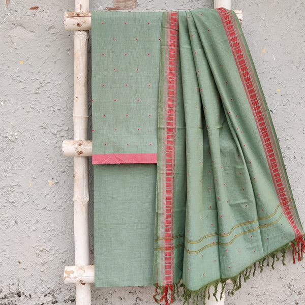 KAAMINI - Pure Cotton South Handloom Butti Fabric With South Cotton Bottom And Dupatta Green