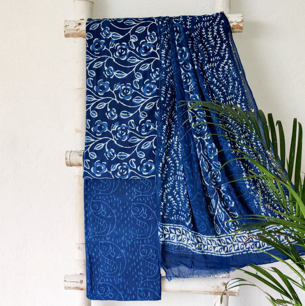 AARNA-Pure Cotton Indigo  Flower Jaal Top Fabric And Bottom Intricate Design Bottom Fabric And Chiffon Dupatta