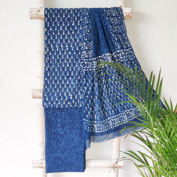 AARNA-Pure Cotton Indigo Small Flower Buds Motif Top Fabric And Bottom Intricate Design Bottom Fabric And Chiffon Dupatta