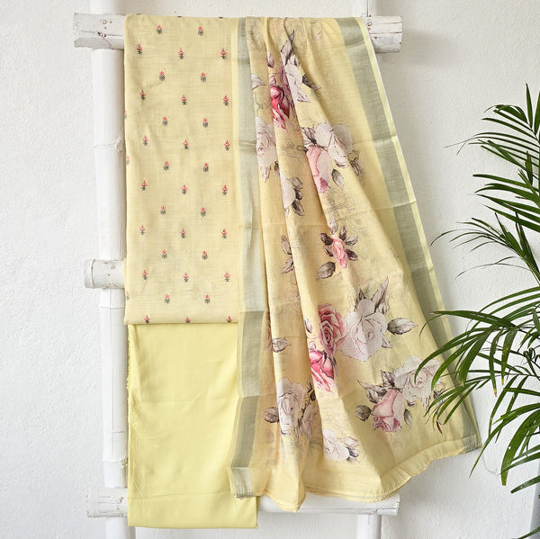 AARVI-Pure Cotton Handloom Light Yellow With Pink Flower Motif Suit