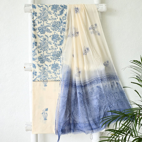 AARVI-Pure Cotton Off White With Blue Flower Jaal Top And Cotton Off White With Blue Motif Bottom And Chiffon Dupatta