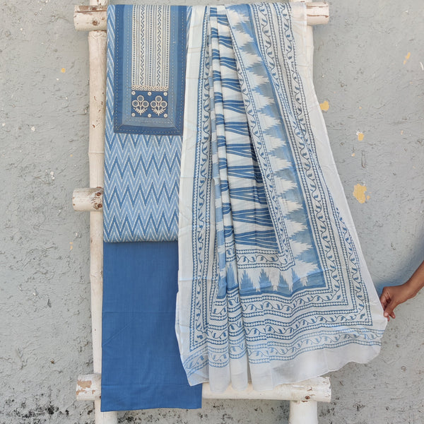 AASHVI-Pure Cotton Blueish Grey With Intricate Yoke Top And Blueish Grey Plain Bottom And Cotton Dupatta