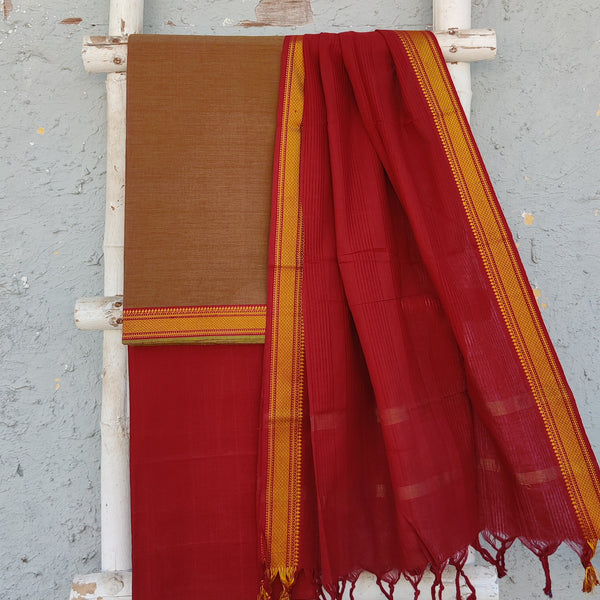 AASHVI-Pure Cotton Handloom Brown With Golden Border Top And Maroon Plain Bottom And Cotton Dupatta