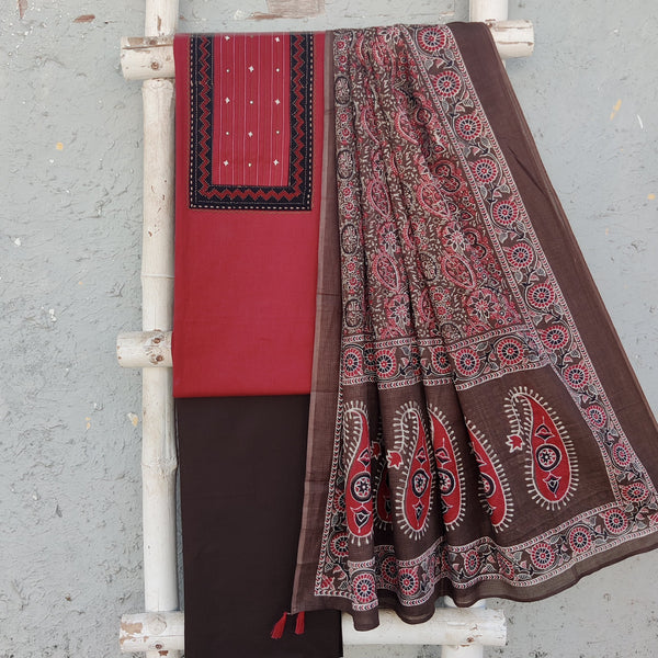 AASHVI-Pure Cotton Handloom Red With Yoke Top And Black Plain Bottom And Ajrak Dupatta