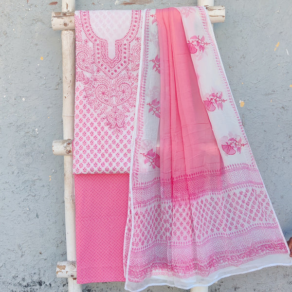 AASHVI-Pure Cotton Jaipuri White With Emboriderey Yoke Top And Cottom Pink Bottom And Cotton Dupatta