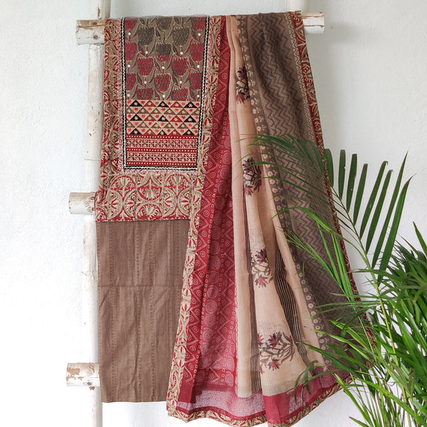 AASHVI-Pure Cotton Kalamkari Red With Kashish Emboiderey Yoke Top And Brown Pure Cotton And Kota Dori Dupatta Suit