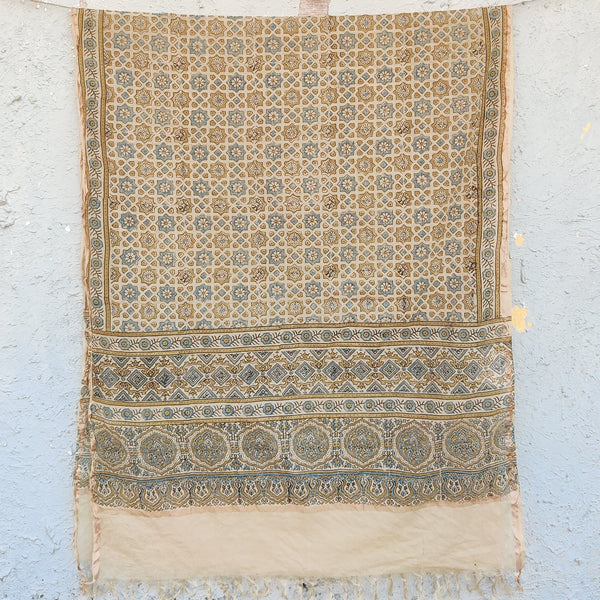 AASMA - Chanderi Ajrak Vegetable Dyed Dupatta Cream