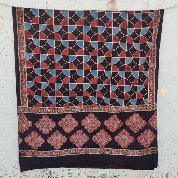 AASMA-Pure Cotton Ajrak Black And Rust Red And Blue Dupatta