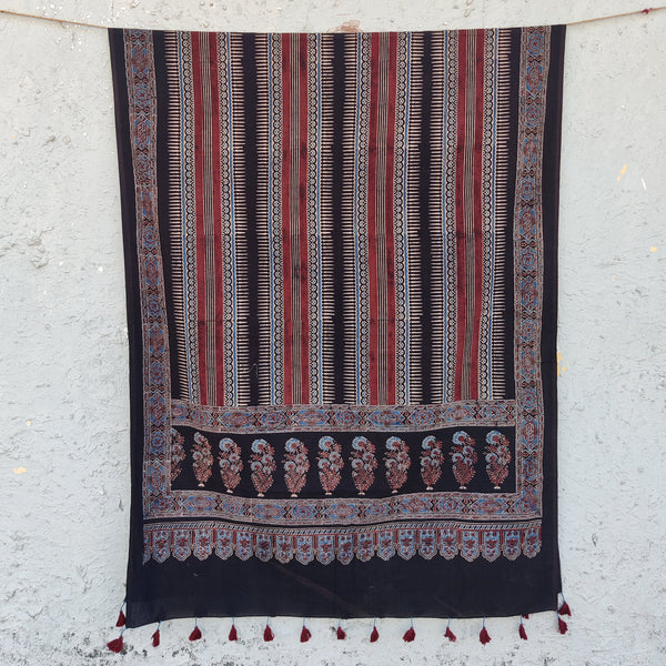 AASMA-Pure Cotton Ajrak Black With Rust Border Hand Block Dupatta