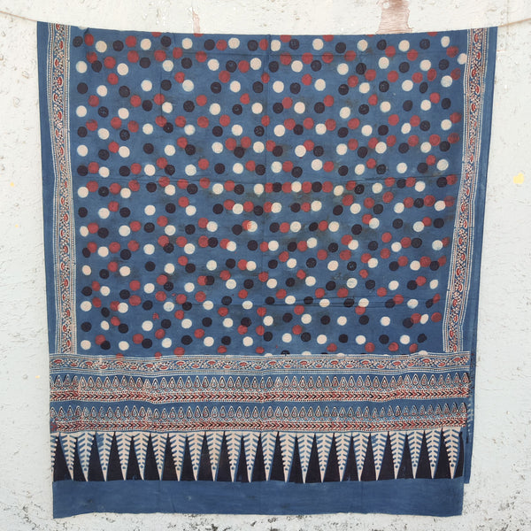 AASMA-Pure Cotton Ajrak Blue And Rust Red And  Black And White Dots Dupatta