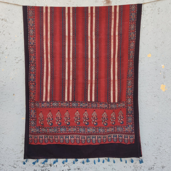 AASMA-Pure Cotton Ajrak Rust Red With Rust Blue Border Hand Block Print Dupatta