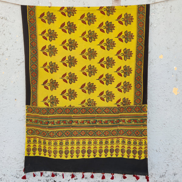 AASMA-Pure Cotton Ajrak Yellow With Red  Flower Motif Hand Block Print Dupatta