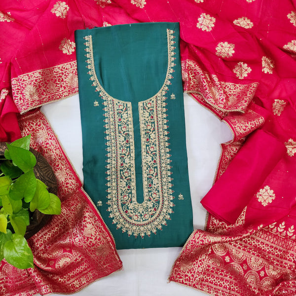 AFZARA-Cotton Silk Dark Green With Beautiful Aari Work Yoke Top And Pink Rayon Bottom And Brocade Work Pink Dupatta Suit