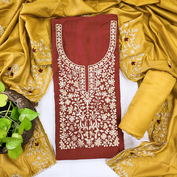 AFZARA-Cotton Silk Maroon With Beautiful Aari Work Yoke Top And Mustard Rayon Bottom And Aari Work Mustard Dupatta Suit