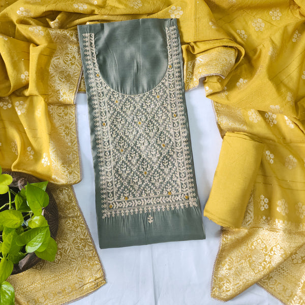 AFZARA-Cotton Silk Mehindi Green With Beautiful Aari Work Yoke Top And Mustard Rayon Bottom And Brocade Work Mustard Dupatta
