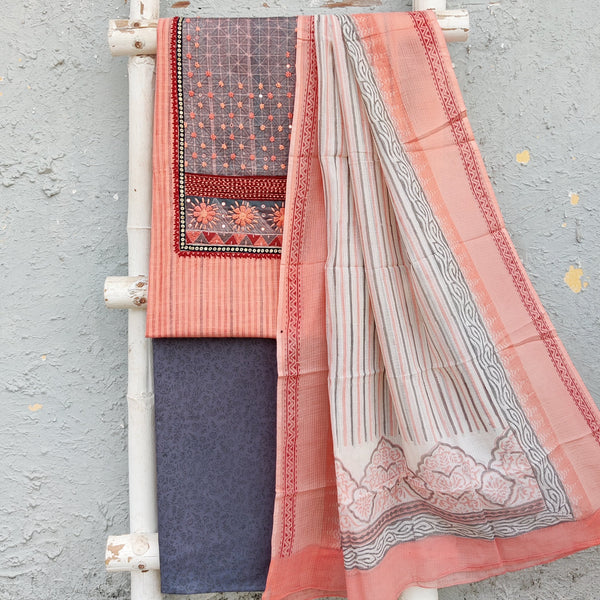 MEERA -Pure Cotton Light Peach With  Intricate Design Yoke Top And Grey Plain Bottom And Kota Dupatta