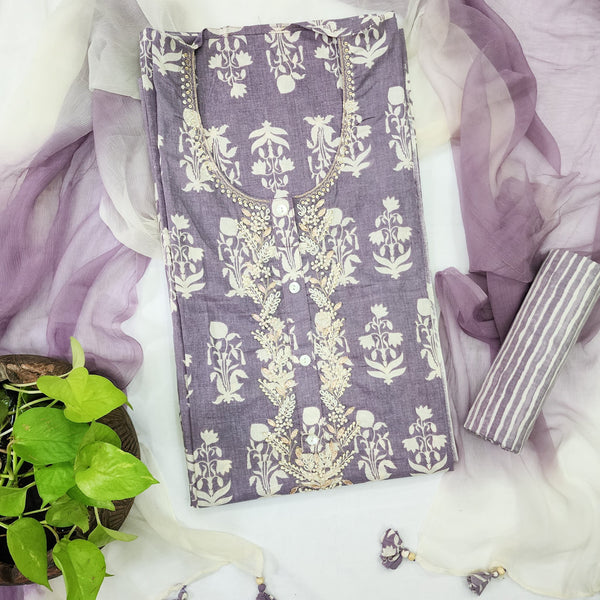 ALIYA-Muslin Cotton Light Purple With Heavy Neck Emboriderey Top  And Stripes Bottom And Chiffion Dupatta Suit