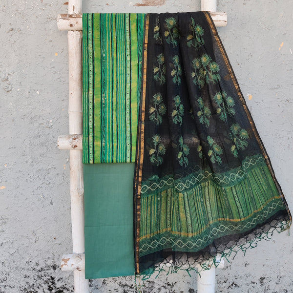 AMAYA-Pure Cotton Vansapati Green Stripes Top And Plain Green Bottom And Kota Vansapati Dupatta