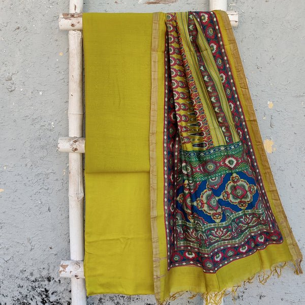 ANAISHA-Silk Cotton Green Top And Green Rayon Plain Bottom And Hand Block Cotton Silk Intricate Design Dupatta