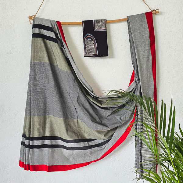 ANIKA-Pure Cotton Handloom Grey And Black Saree